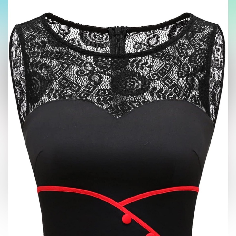 Black Lace Fit-and-Flare Midi Dress with Red Trim - Picture 4 of 11